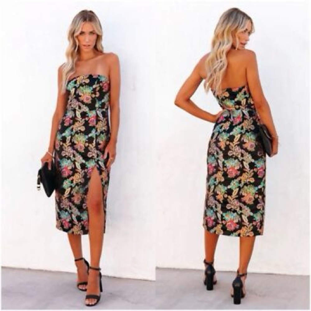 Lulu's Vici Olia “Ganni Jacquard” strapless Midi Dress in metallic multi